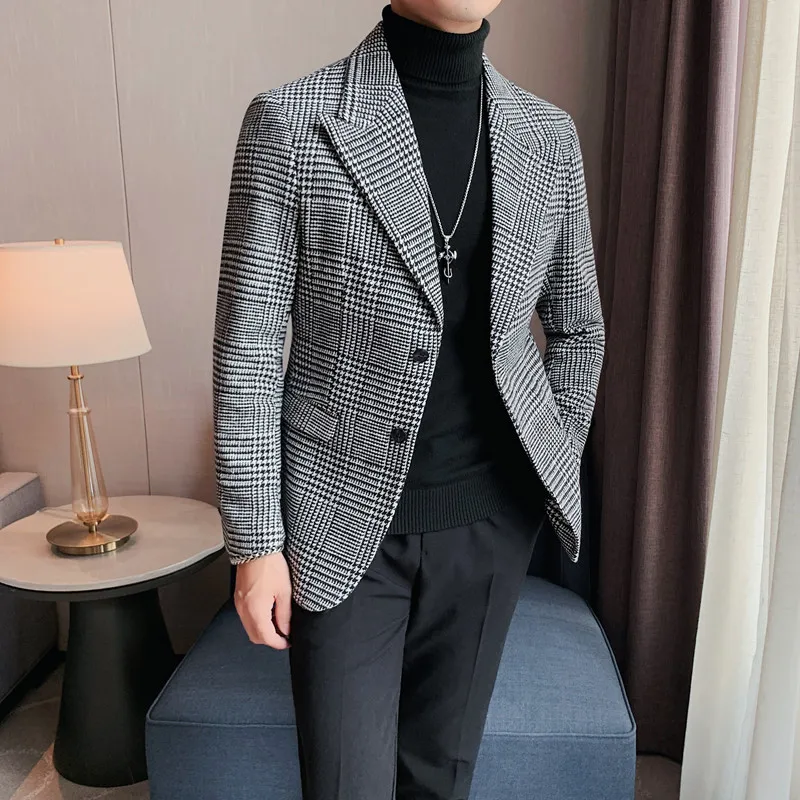 4-A65   Casual Suit Men\'s Best Man\'s Clothing Houndstooth Plaid Korean Style Slim--button Autumn and Winter Suit Jacket