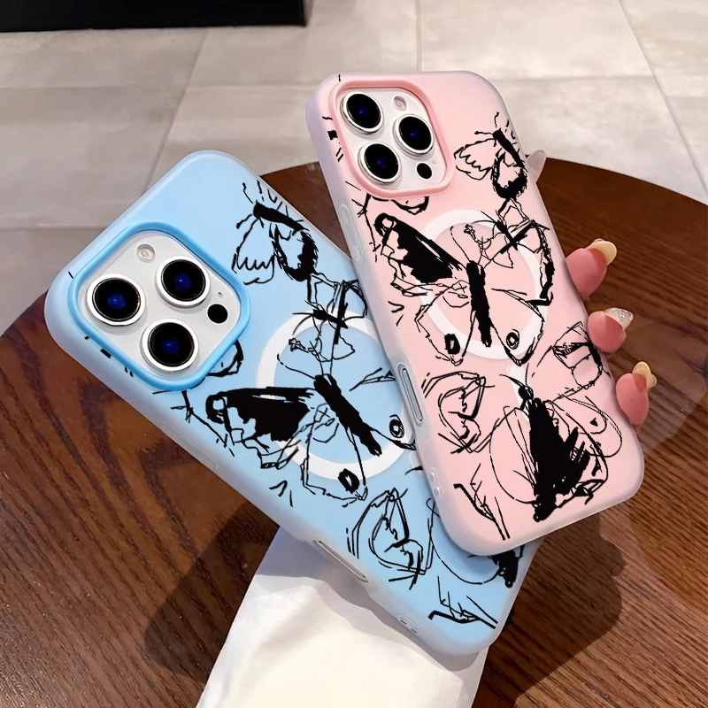 

Magnet Fashion Trend Cool Black Line Butterfly Phone Case For IPhone 16 15 14 13 12 11ProMax Silcone Phone Shockproof Case Cover
