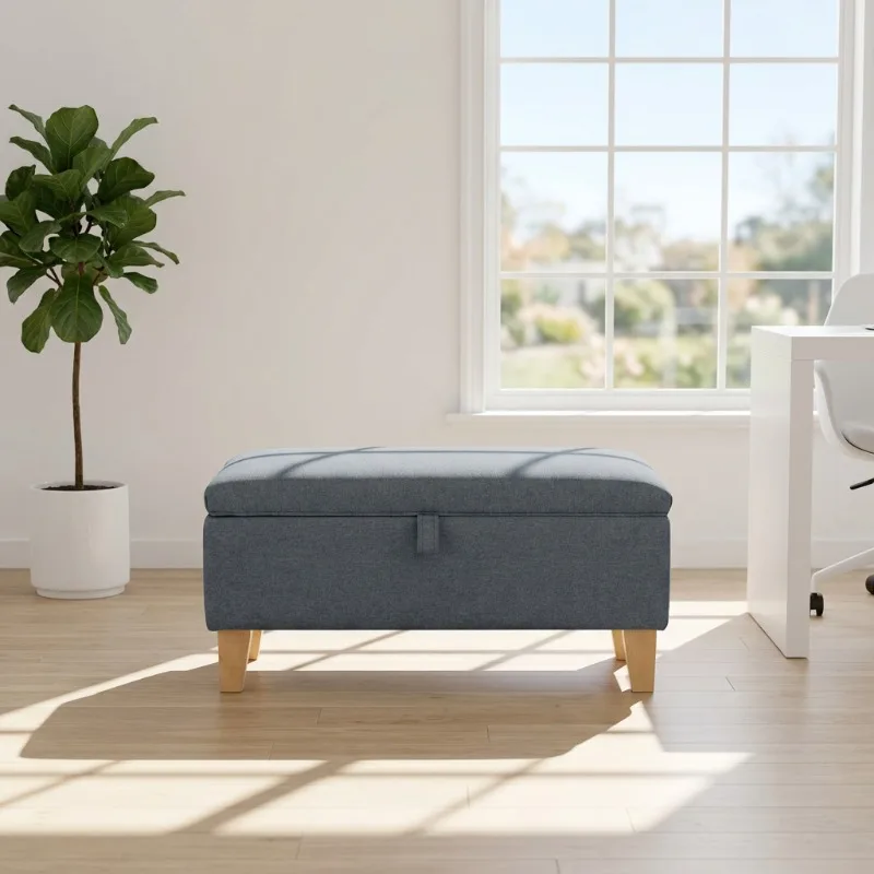 Solid Wood Leg Tufted Ottoman Bench Stool with Hinged Lid Modern Living Room Storage Furniture