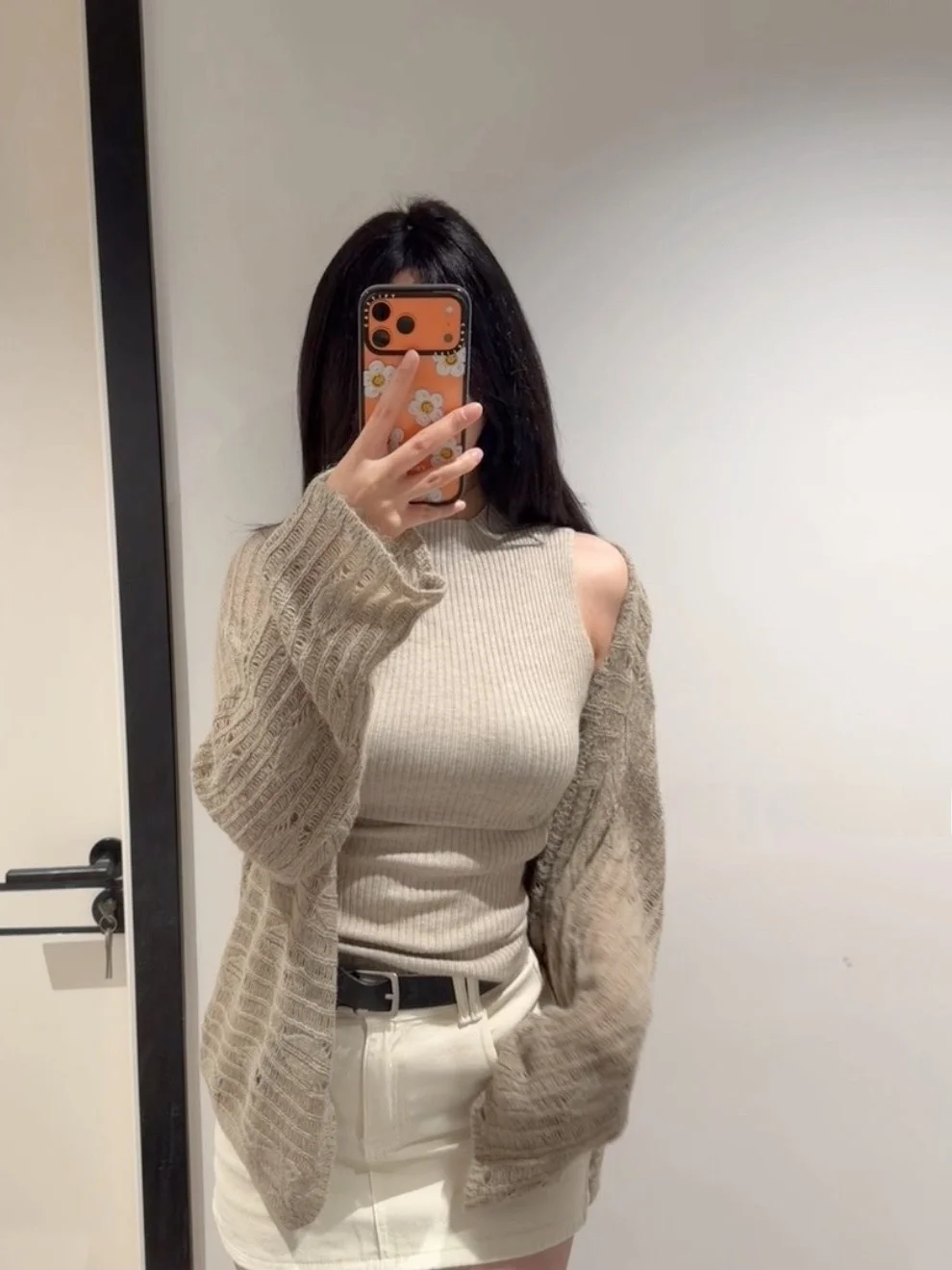 

Whole Set Popular Three-Piece Set Knitted Cardigan Tight Pants Skirt Separate Shot High Waist Stripe Long Sleeve Winter Fashion