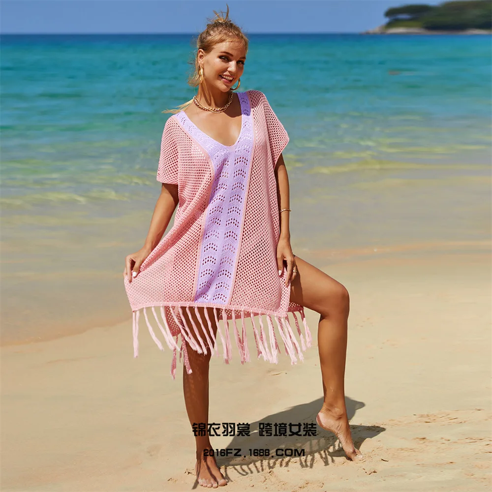 2023 Summer New Beach Blouse Hollowed-out Knitted Fringe Holiday Bikini Blouse Female