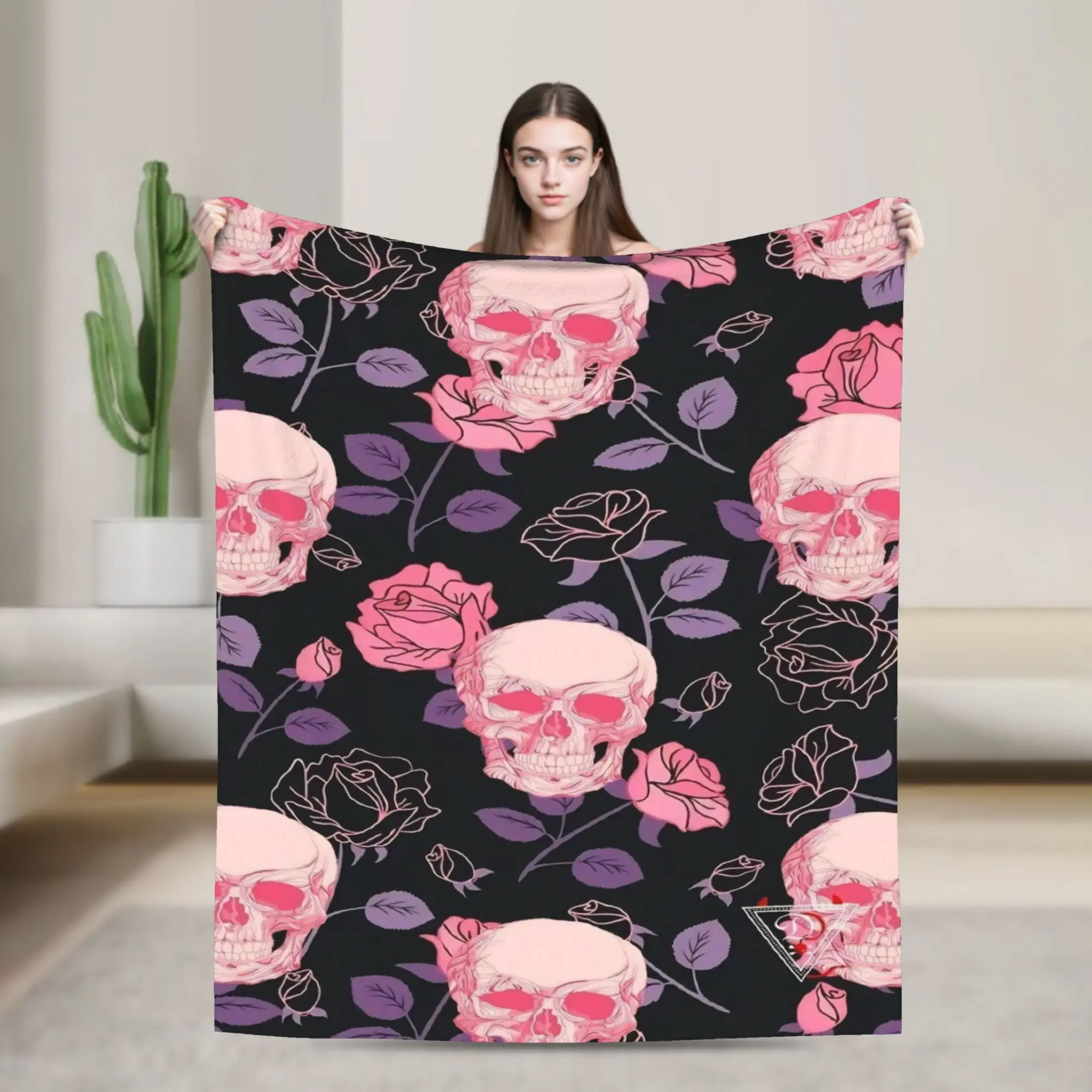 Comfortable Halloween Skulls And Flowers Gothic Goth Blanket Accessories Sofa Decorative  Throw Blankets Lightweight Flannel