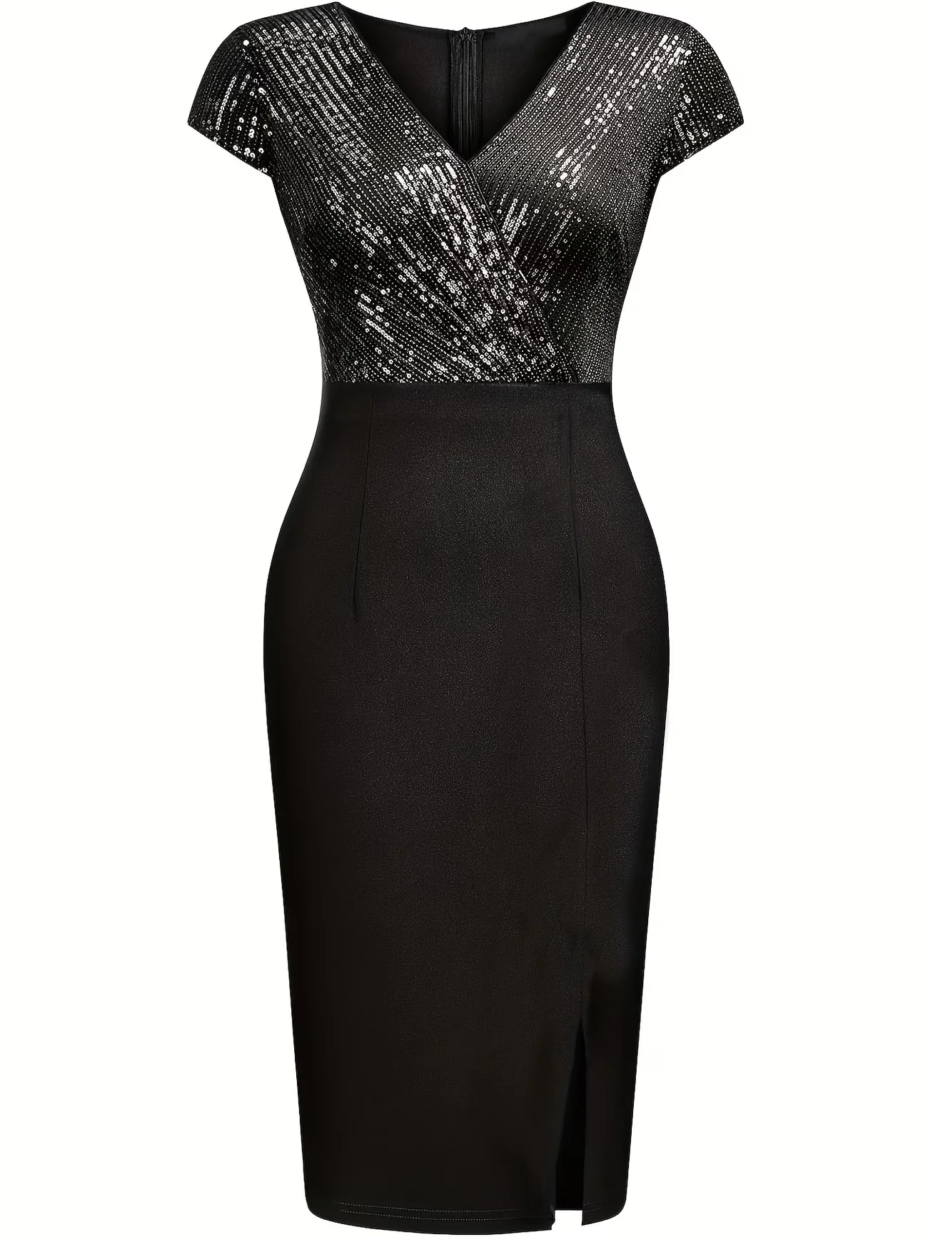 Damen Sommer Sexy V-Ausschnitt Kurzarm Knielanges Kleid mit Paillettenbesatz Nachtclub Cocktail Party Schlitz Bleistiftkleid – Detail 5