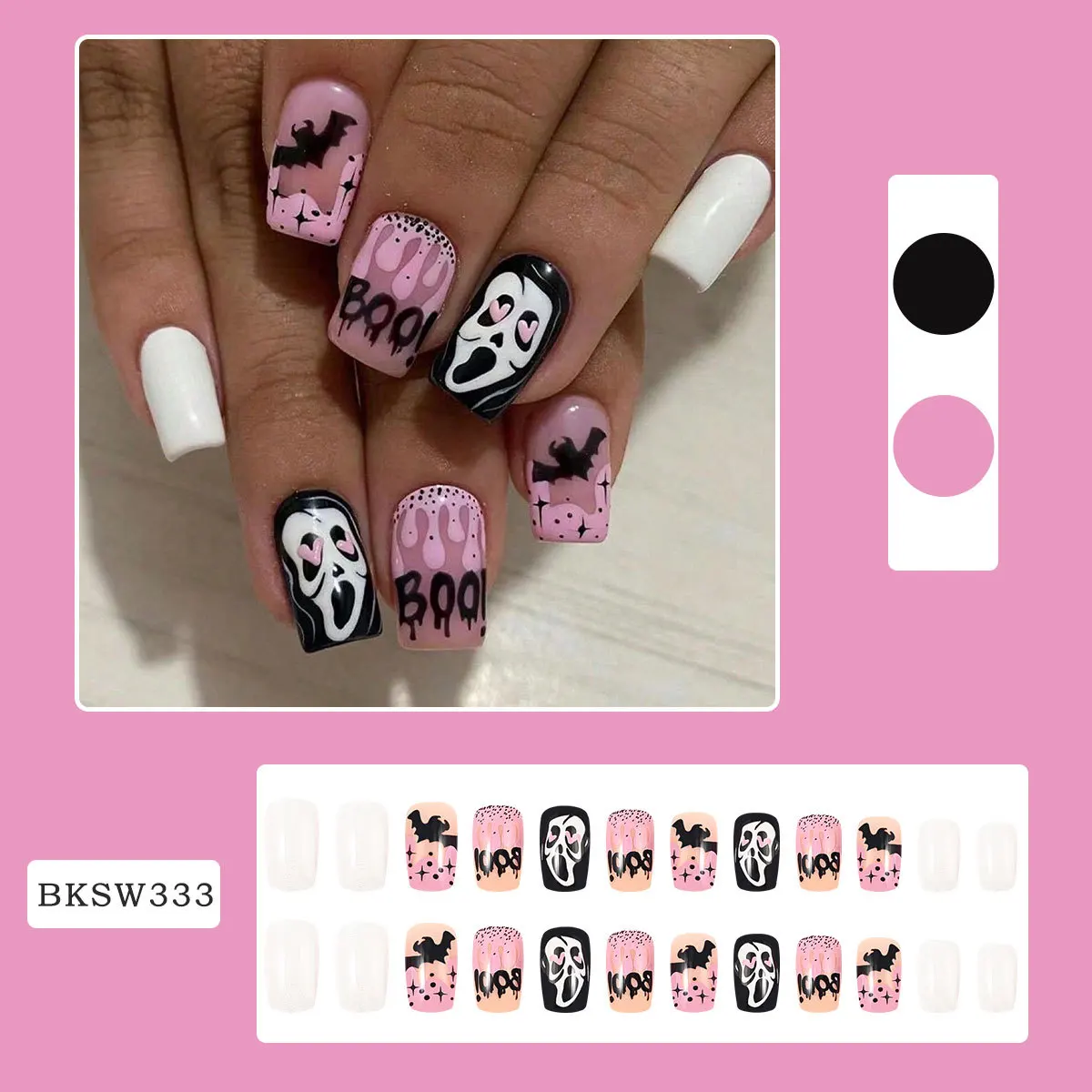 Halloween Square Press on Nails Medium Length Fake Nails Black Pink False Nails with Bat Boo Letter Ghost Pattern Acrylic Nails