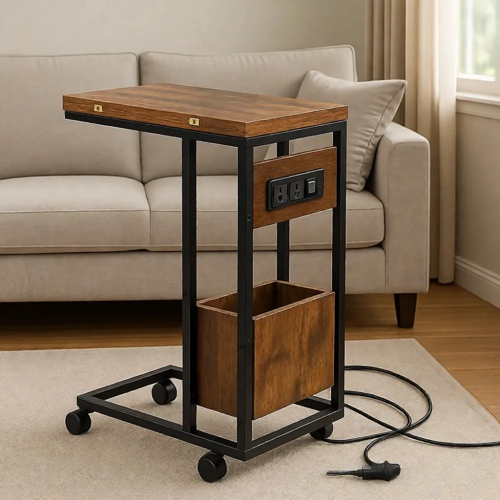 

Приставной столик C-образной формы с зарядной станцией, складной столик-поднос для хранения, для ноутбука, дивана, гостиной, спальни, для небольших помещений