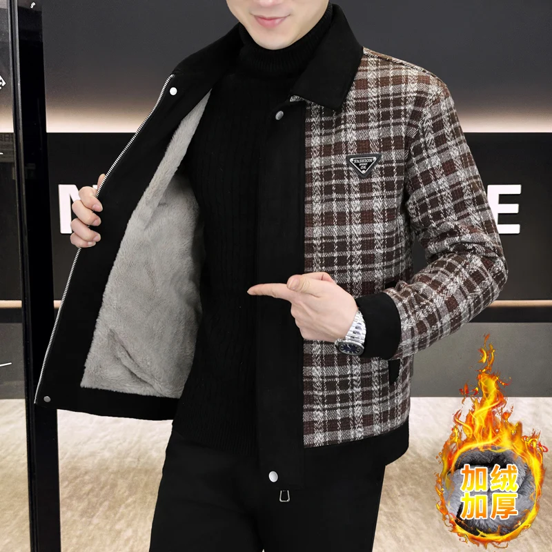 

Winter Splicing Plush Thick Woolen Jacket for Men Warm Casual Business Trench Coat Social Streetwear Overcoat Men Clothing