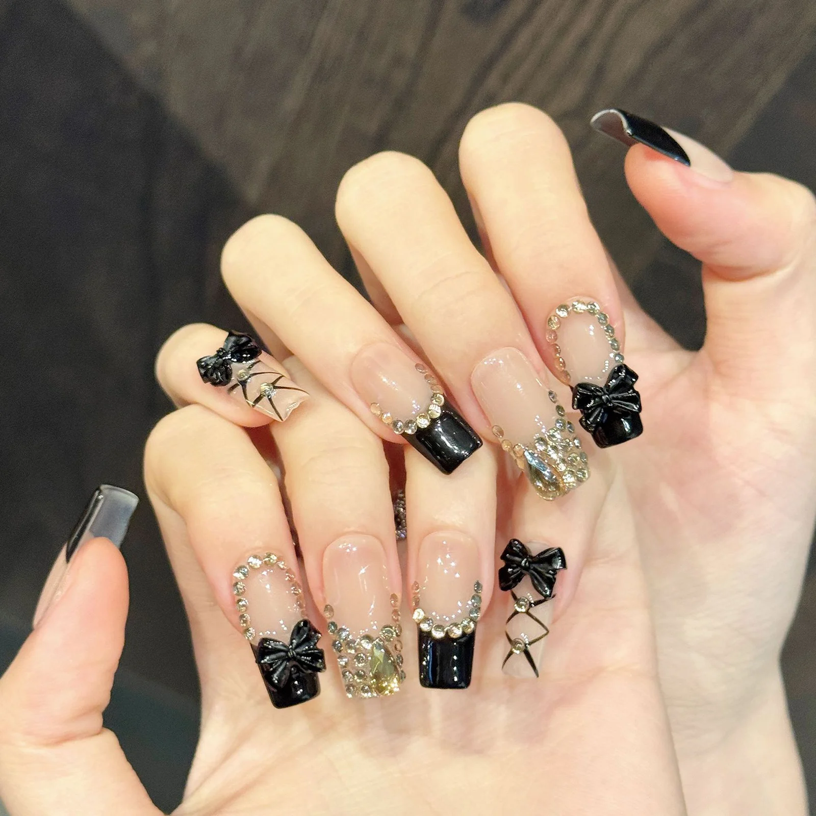 10pcs Long Square Ballet Handmade Fake Nails French Style Black Edge False Nails With 3D Bowknots Rhinestone Decor Press On Nail