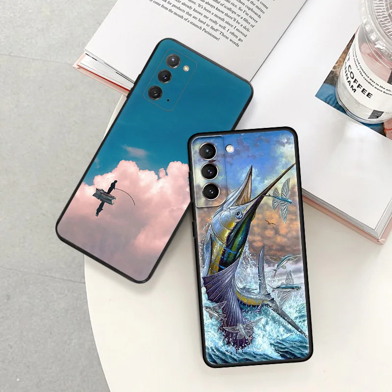 Phone Case For Samsung S24 Note20 Ultra S23 S22 S21 S20 Galaxy S10 Plus River Carp Fishing Art Black Soft Anti-Drop Cover