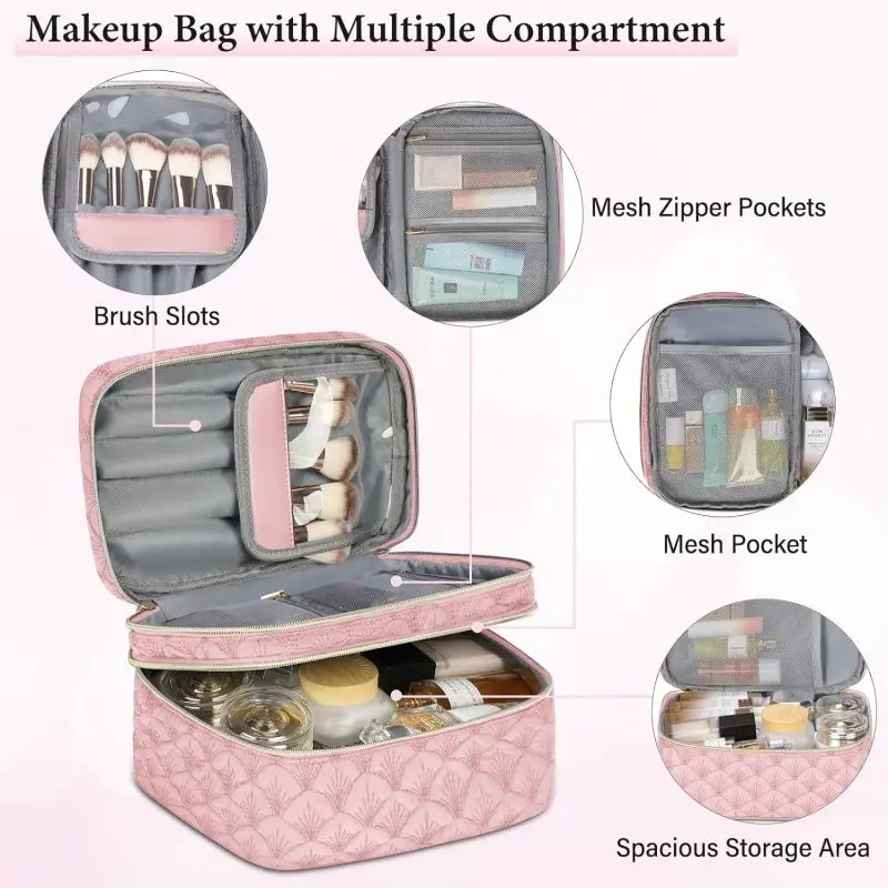 WomenS Large Capacity Makeup Brush Storage Bag Portable Travel Toiletry Bag Multi-Functional Double-Layer Makeup Bag