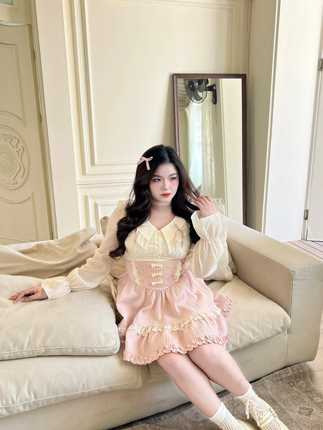 

Sweet Girl Doll Collar Fat Suit Set Spring Autumn High Waist Knot A-Line Skirt Long Sleeve Thin Model for All Body ...