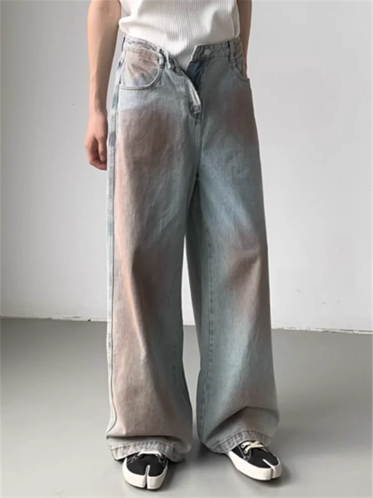 2023 Korean version of niche design dirty jeans men retro wash American tie-dye high waist straight leg wide-leg pants