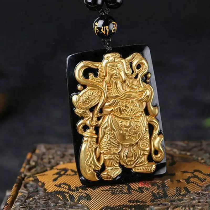 

The Unique Natural Black Obsidian Hand Carved Statue of Guan Yu Pendant