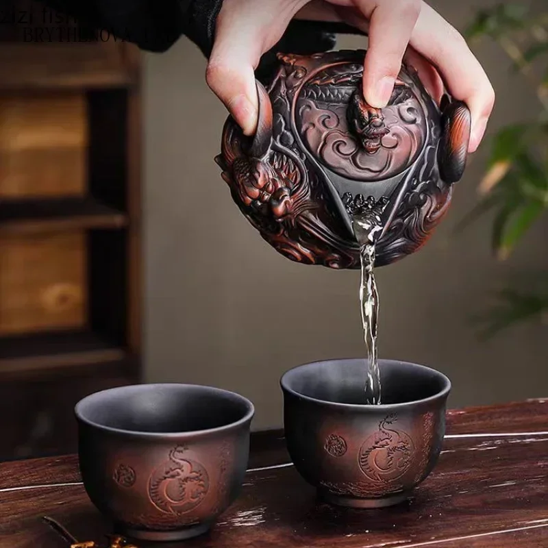 Ceramics Dragon Hand-held Pot Portable Travel Tea Set One Pot and Cups Two Kung Fu Tea Set Teas Making Tools Teas Kettle Teapot