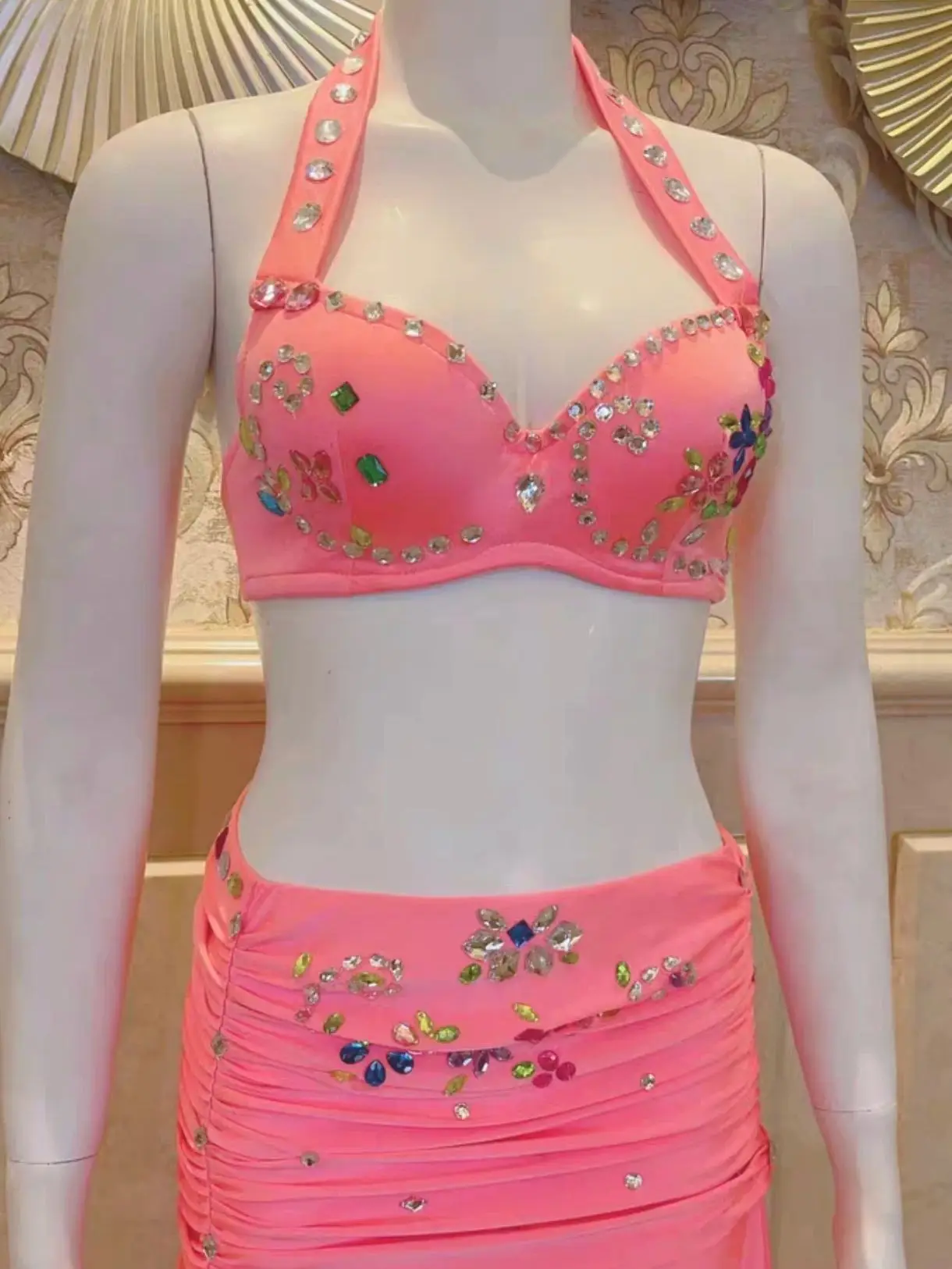 Aangepaste buikdans oefenjurk beha top + split lange rok 2 stuks oosterse katoenen groepspak buikdanskleding outfit