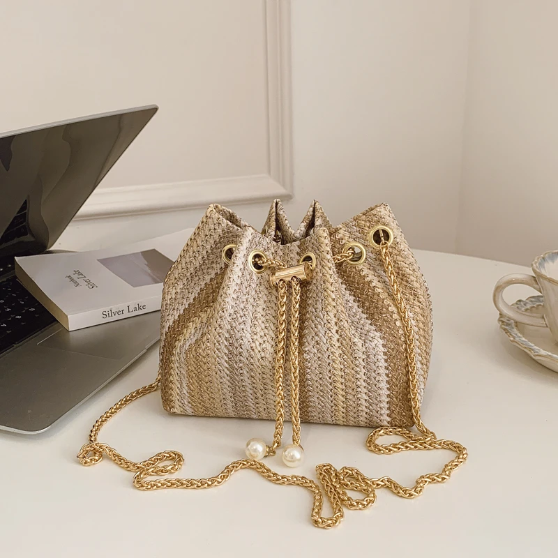 

Elegant Exquisite Women Shoulder Bag Pearl Chain Colorful Stripe Bucket Bag Mini Portable Crossbody Bag for Daily Use