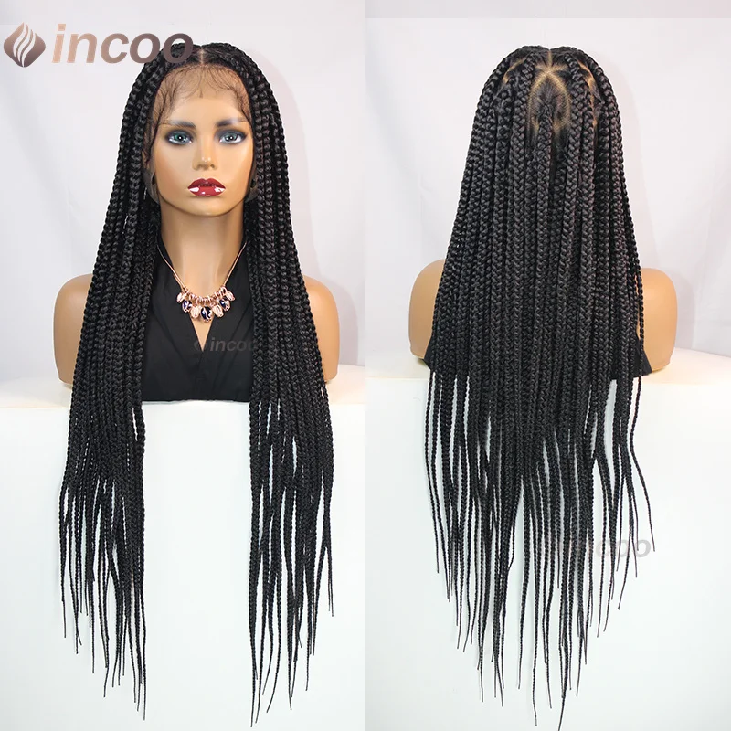 36 "Driehoek Box Full Lace Gevlochten Pruiken Cornrow Gevlochten Synthetische Kant Pruiken Handgemaakte Knooploze Vlechten Pruik voor Vrouwen met Baby Hai