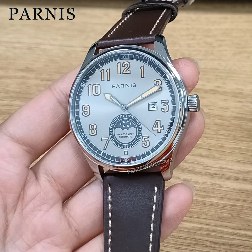 Parnis 44mm 2024 Year New Arrival Gray Dial Automatic Mechanical Sapphire Crystal Stainless Steel Men Wristwatch