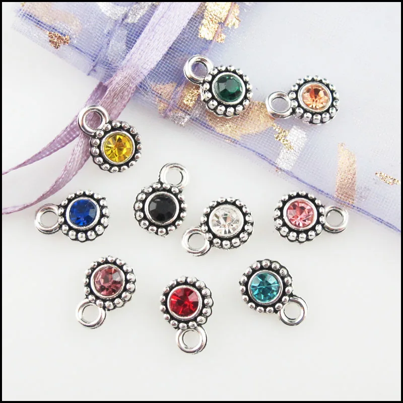 20Pcs Mixed Crystal Antique Silver Color Flower Charms Pendants 8x11.5mm