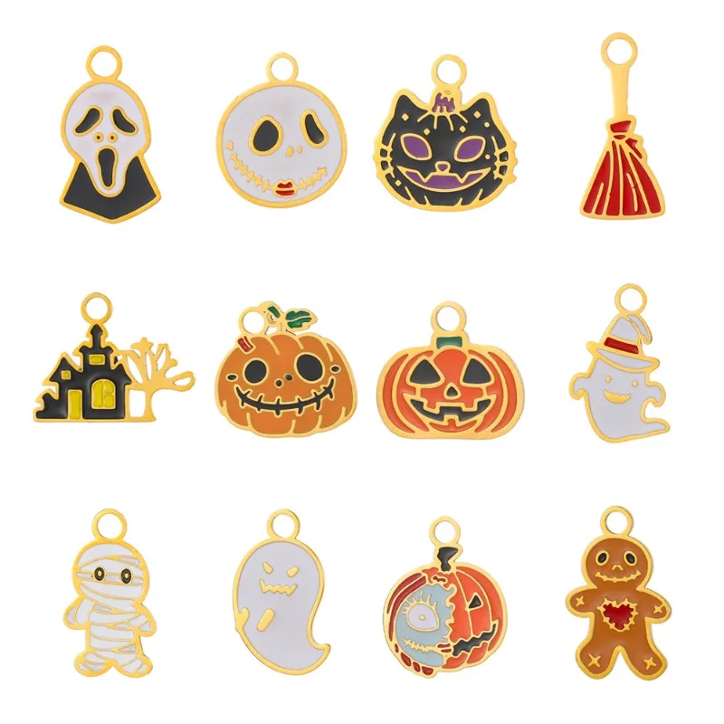 Mixed Halloween Enamel Charms Gold Plated Ghost Pumpkin Mummy Haunted House Pendants For DIY Necklace Bracelet Jewelry Making