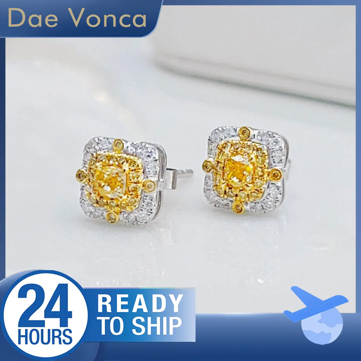 18K White Gold Double Halo Earrings Cushion Cut Yellow Natural Diamond Earrings Square Shaped Stud Earrings Diamond Jewelry