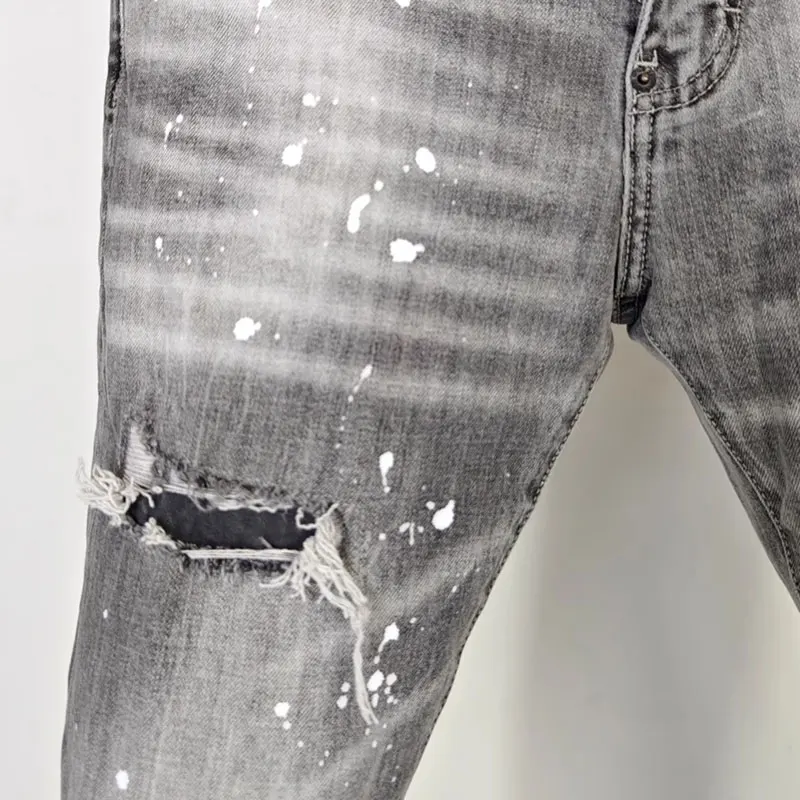 Y2K new jeans, nostalgic stretch slim fit, painted retro light gray jeans, high street designer, hip-hop brand, retro pa