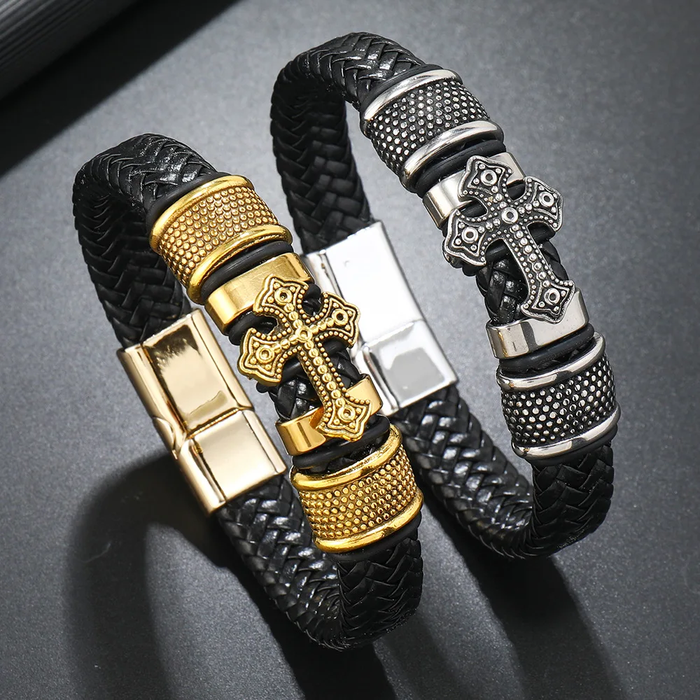 1Pc Men Vintage Cross Braided Leather Bracelet, Gold Alloy Ornate Cross Wristband Punk Rock Magnetic Clasp Bangle Jewelry