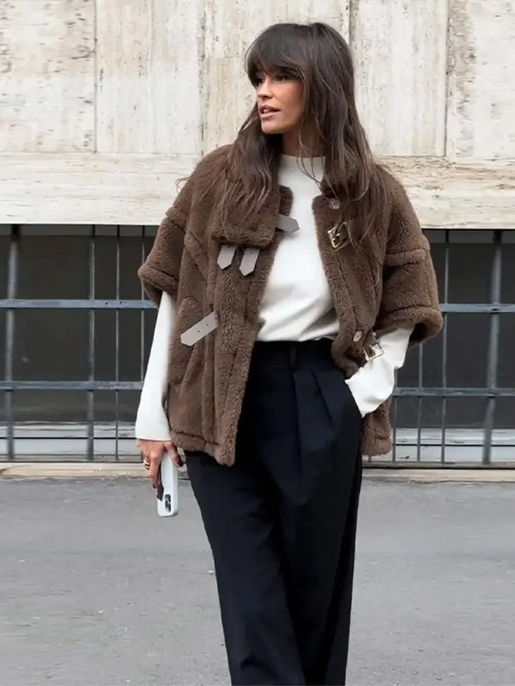 

Vintage Brown Fluffy Furry Brown Warm Jackets With Belts Women Fashion Half Sleeve Stand Collar Crop Coat Lady Street Overcoats