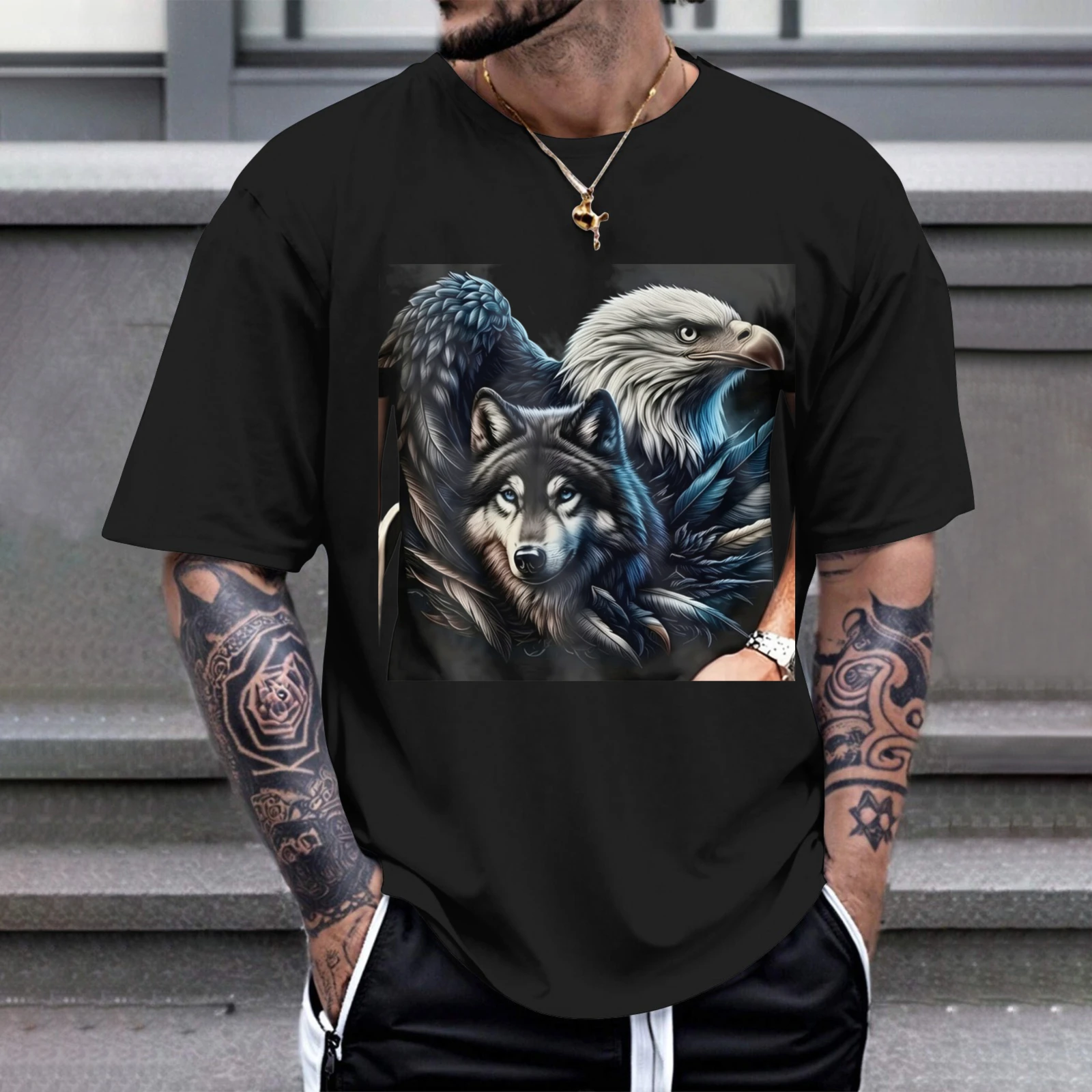 Herren-T-Shirt mit Wolf- und Adler-Motiv, perfekt für Freizeitkleidung, Partys und Karnevalsoutfits