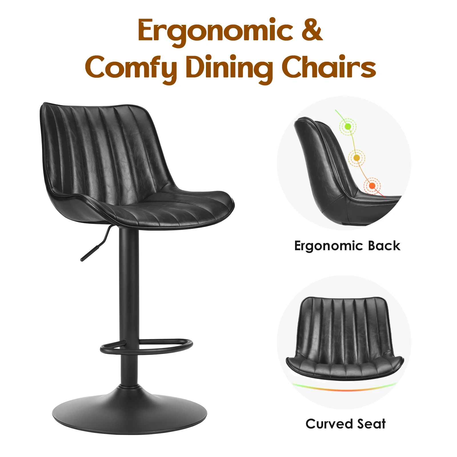 Farini Bar Stools Set of 2, Adjustable Swivel Counter Height Chairs with Back