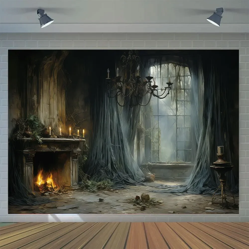 Halloween photography background, abandoned castle fireplace background, eerie indoor pranks or entertaining families