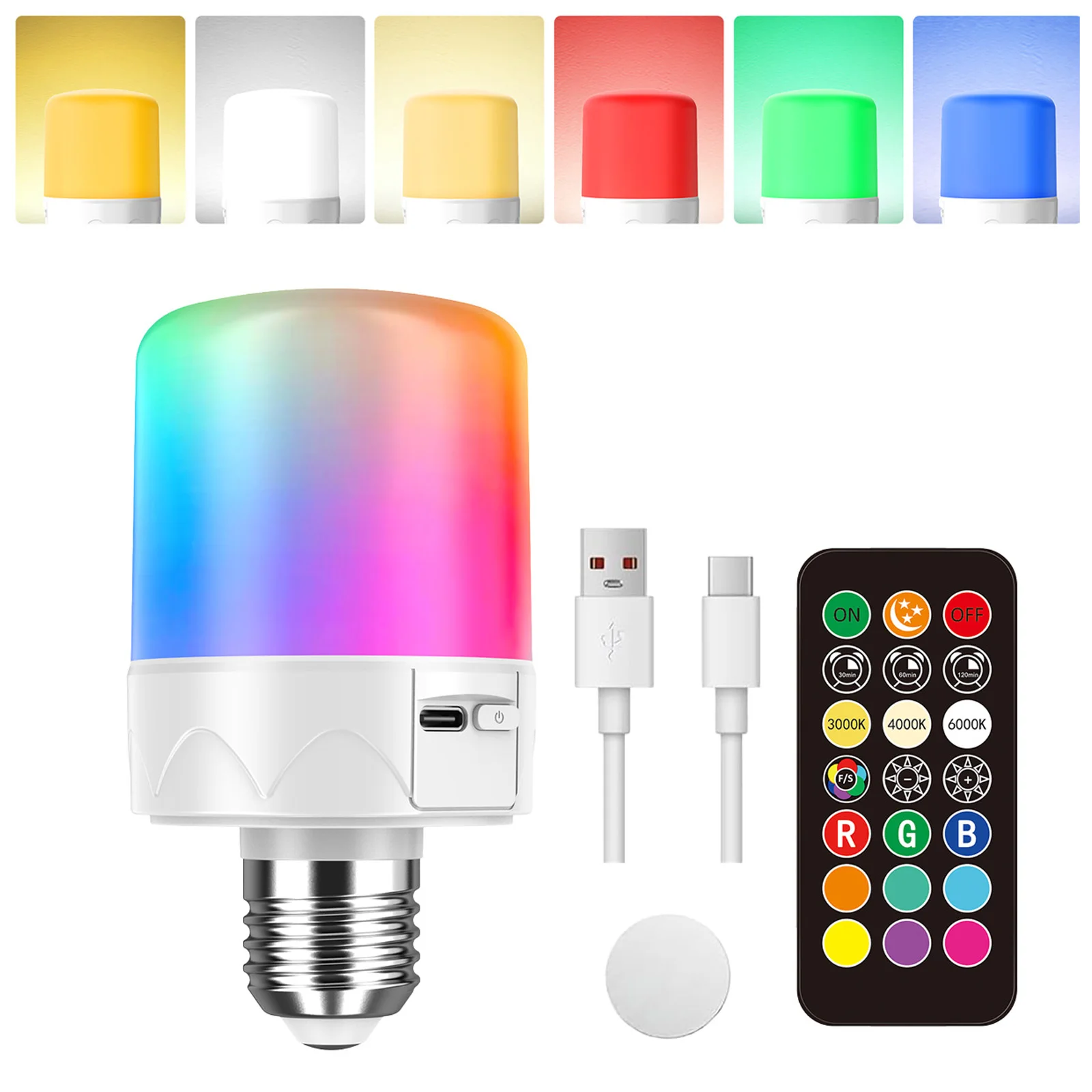 Rechargeable Light Bulbs With Remote - E27 Battery RGB color Operated Light Bulb For Non-Hardwired Wall Sconces, Pendant Lights