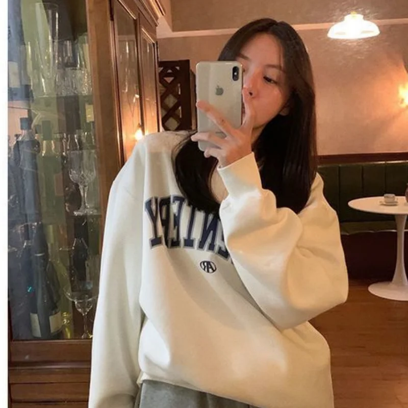 

Lazy Wind Black Crew Vintage Baggy Sweatshirt Women Spring Autumn Harajuku Style Letter Printing College Long Sleeves Pullover