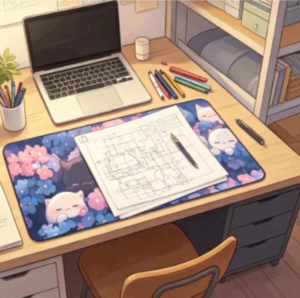 Cartoon Sleep Cat Flower Mouse Pad Kawaii Anime Kitty Floral Extra Big Desk Mat Non Slip Rubber Gaming Keyboard Pad Office Decor
