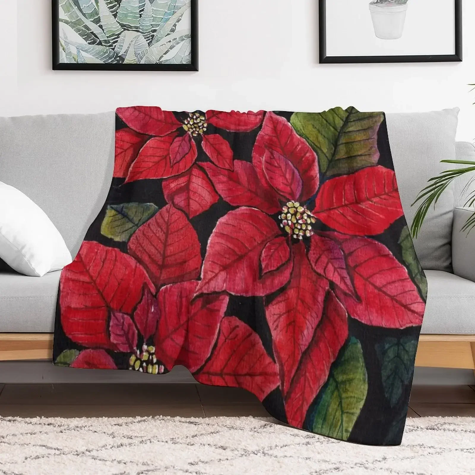 

Vibrant Poinsettia Watercolour Artwork Throw Blanket Luxury Designer Decorative Beds Blankets Bed Decorative Beds Blankets