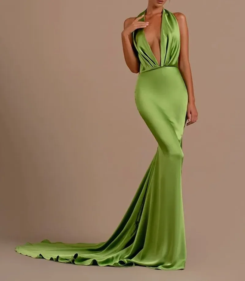 

Sexy Deep V-neck Prom Dresses 2024 Chic Halter Design Evening Dress with Train New Slim Fit Celebration Party Gowns Silk Robe