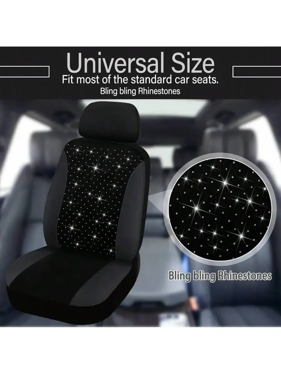 

9pcs Universal Car Seat Covers With Rhinestones Black Polyester All-Season Easy Clean