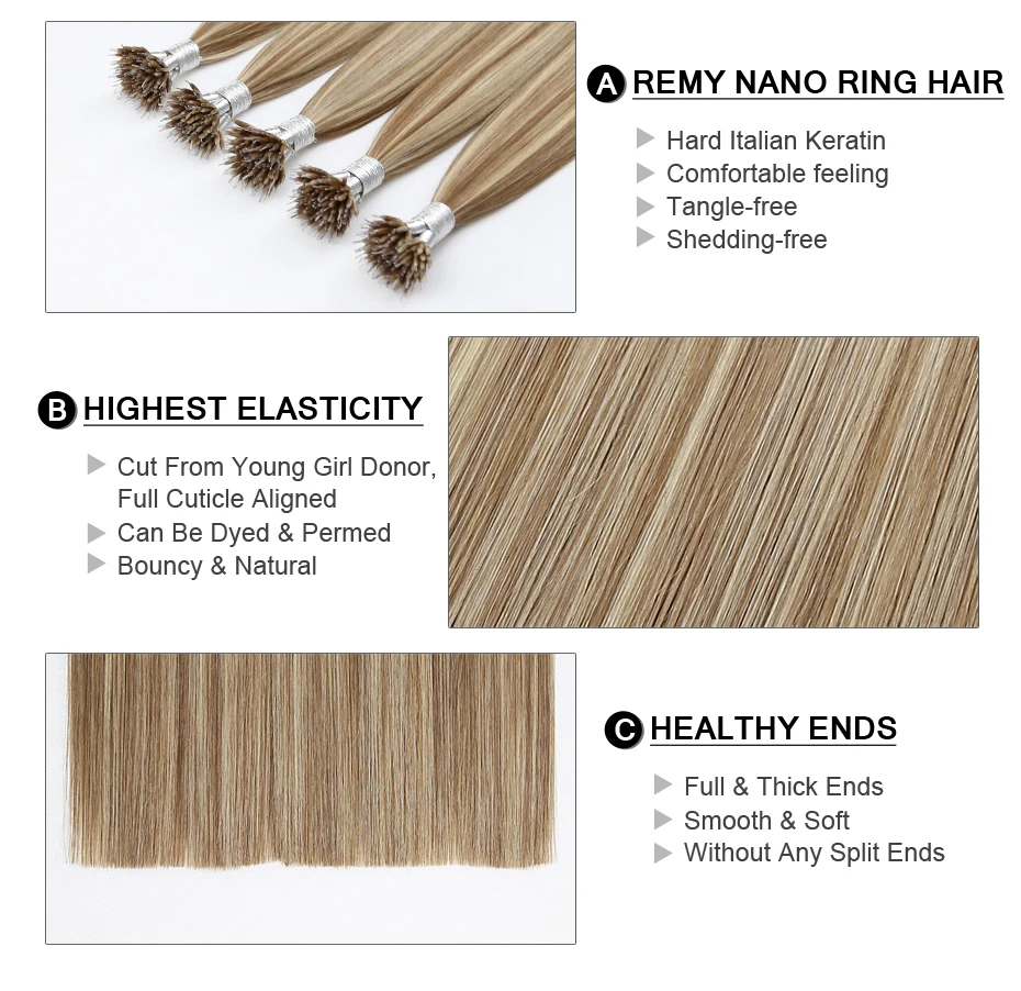 Nano Ring Human Hair Extensions 100% Real Remy Natural Micro Bead Link Hair Highlights Blonde 16-22