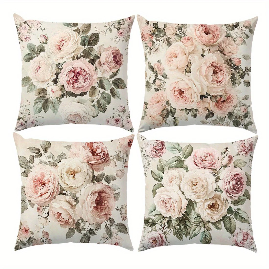 Set of 4 Floral Rose Pattern Throw Pillow Covers Blush Pink Romantic Cottage Core Cushion Decor Shams