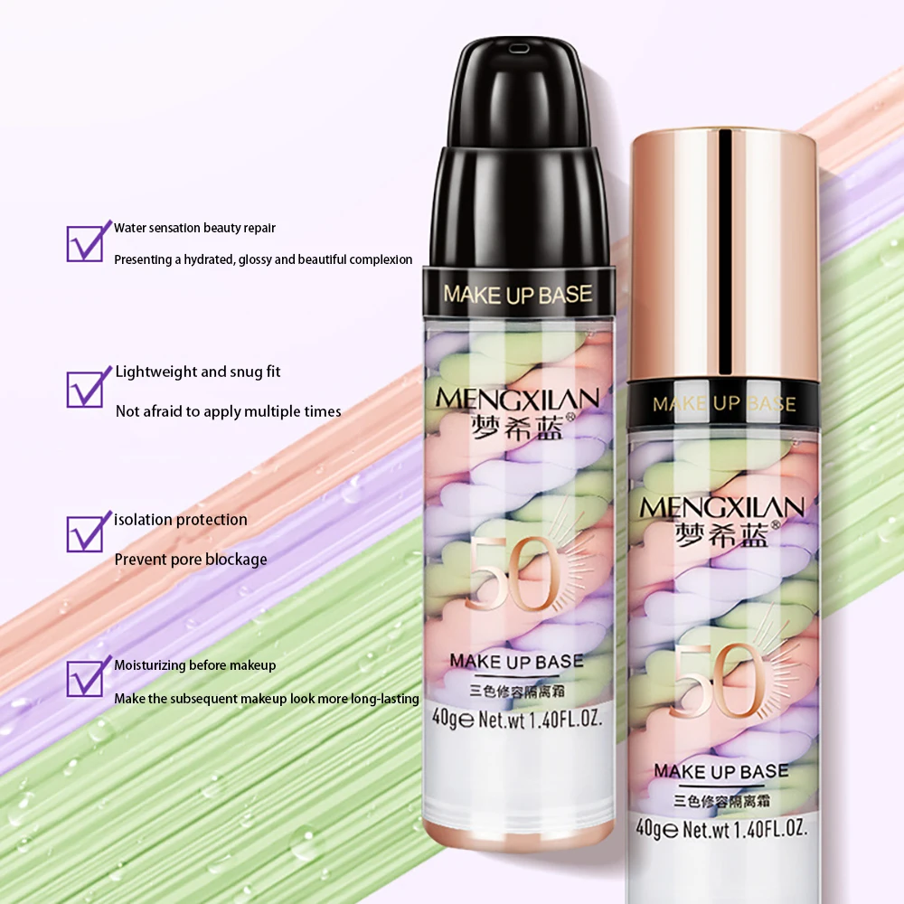 Base de maquillage pour le visage, crème tricolore, Isolation des couleurs, fond de teint imperméable, crème de Base de maquillage naturelle, protection solaire