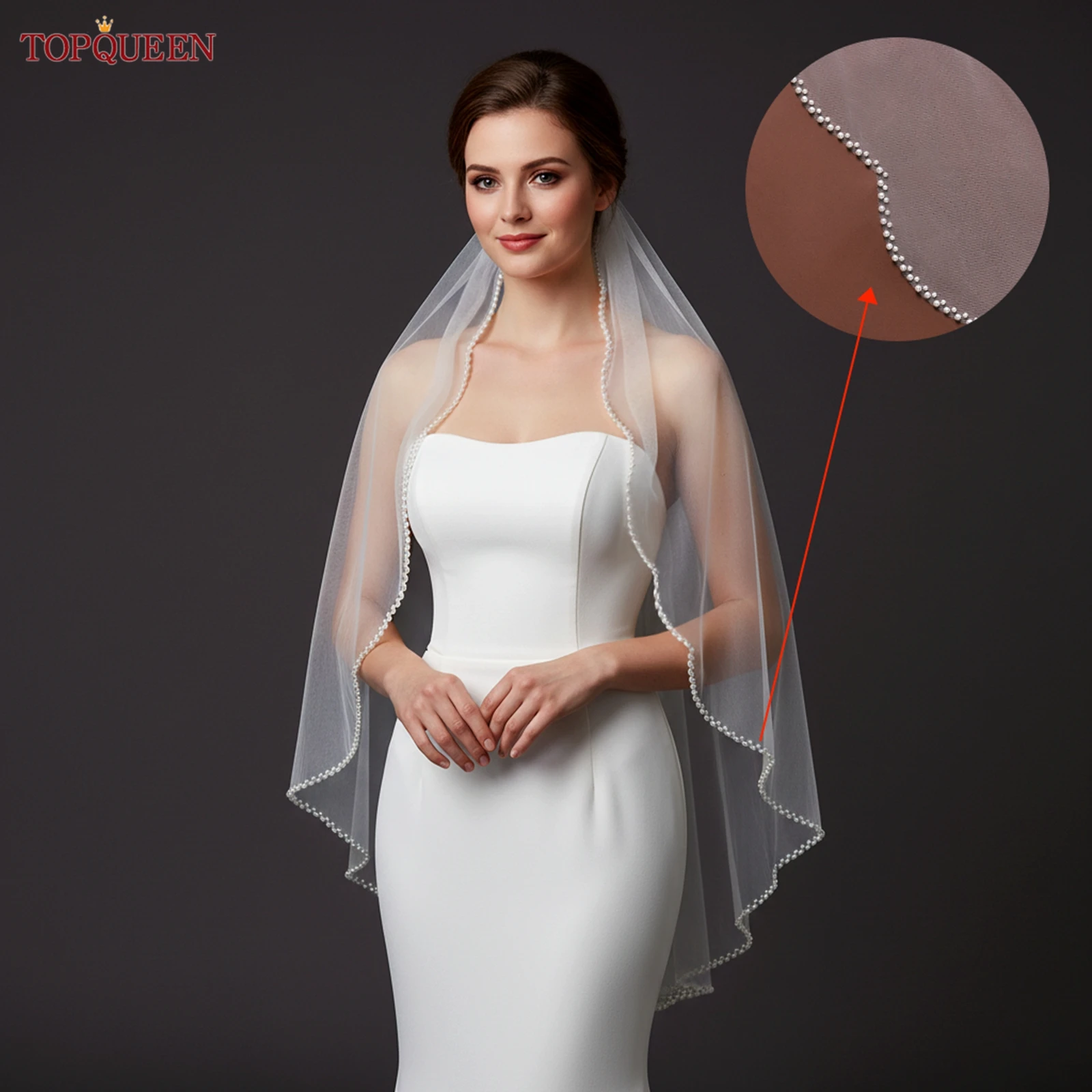 

TOPQUEEN V35 Bridal Veil with Pearls Single Tier Bead Edge Bridal Veil Elbow Length Elegance Voile Voile De MariéE High Quality