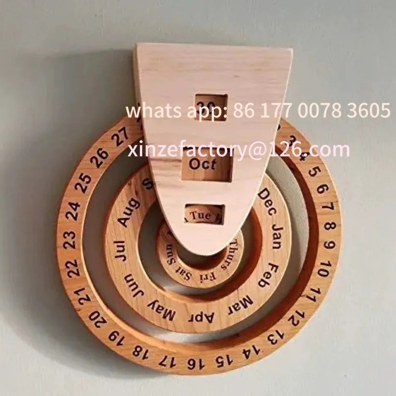 تقويم دائم خشبي قابل للتخصيص، تقويم جداري دوار دائري، زخرفة مصنوعة من خشب الزيزفون