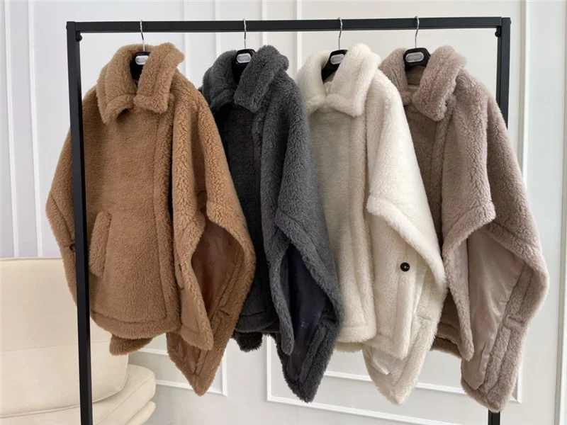 MM Real Fur Short Cloak Teddy Coat Lady Content Woven Fabric Thick Warm Overcoat Loose Cozy Outerwear Streetwear Oversize