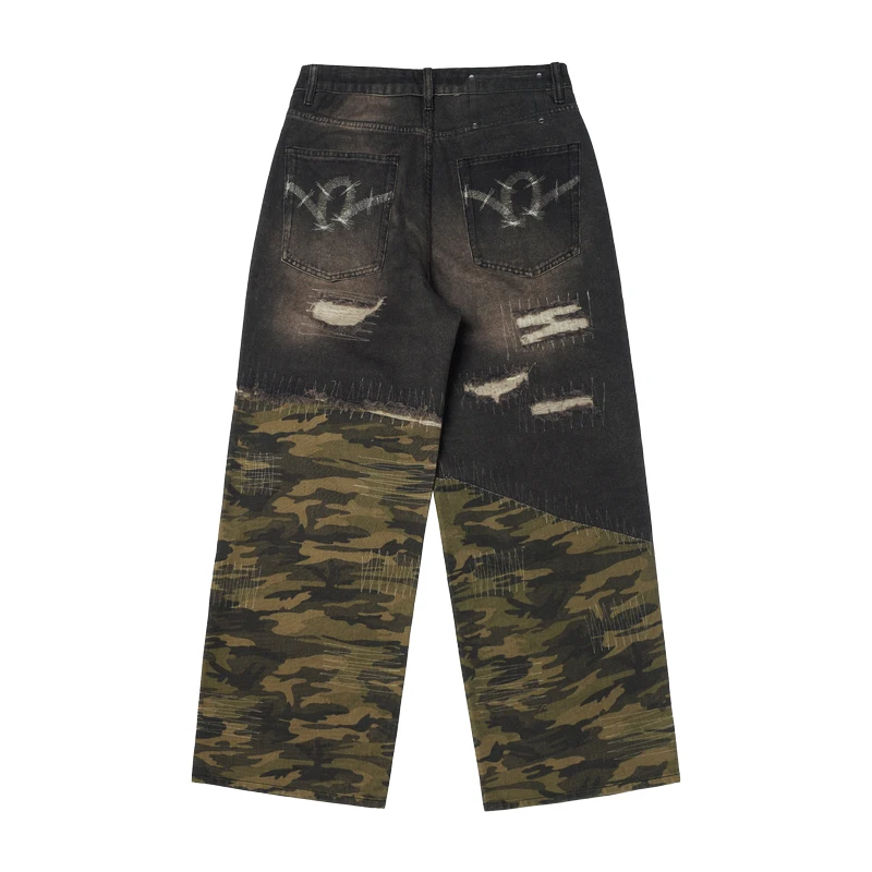 

American Style Retro Washed Camouflage Stitching Ripped Jeans Men & Women Trendy Hip-Hop Street Loose Wide Leg Mop Pants