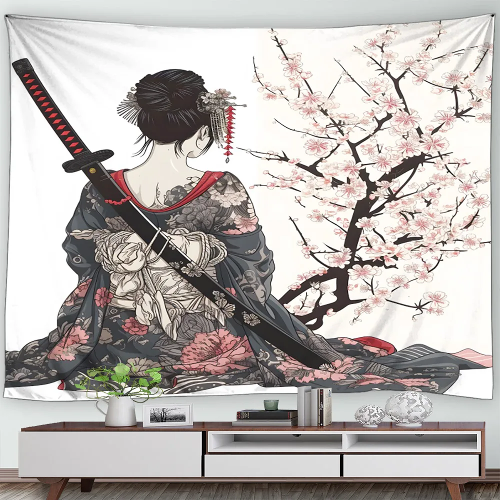 Ink Painting Tapestry Wall Hanging Chinese Cherry Blossom Japanese Woman Asian Living Room Tapestry Home Decoration Screen Cloth