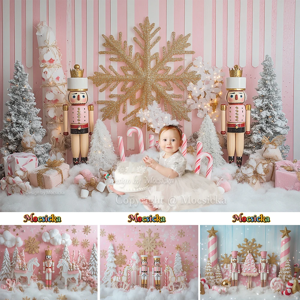 Winter Girl Birthday Pink Background Photography Candy Cane Gold Snowflake Nutcracker Soldier Backdrop Kids Cake Smash Photozone