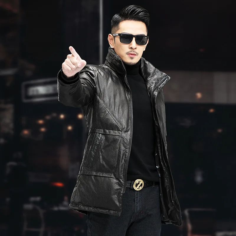 New Winter Men's Slim Stand Cowhide Coats Thick Warm Genuine Leather Overcoat Streetwear Male Oversized Parkas Long Down Jackets