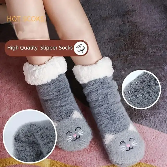 1/2pairs Womens Cute Cat Fuzzy Slipper Winter Soft Warm Fleece Ing Home Socks