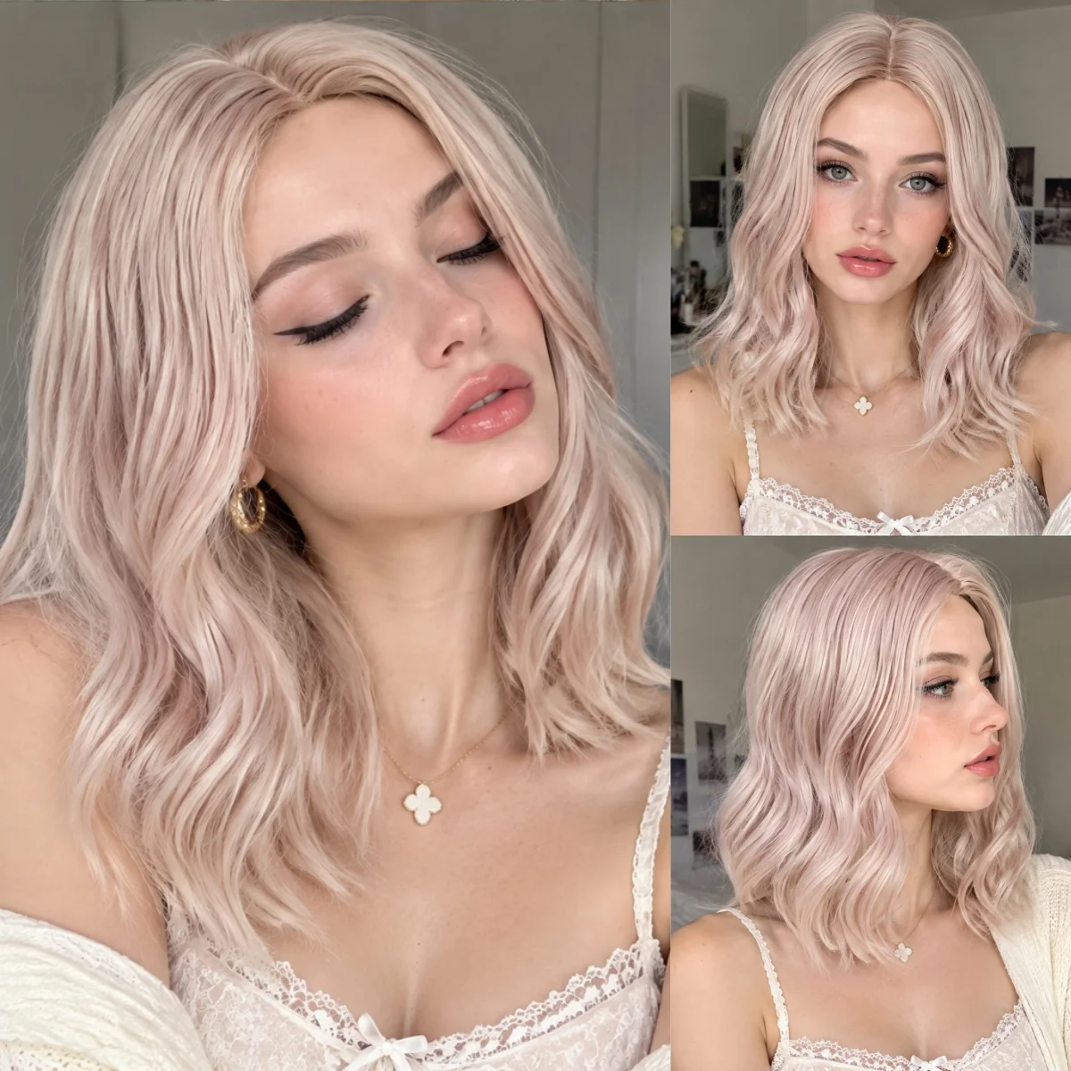 Women Pink Wavy Bob Synthetic Wig Dusty Pink Shoulder Length Loose Wave Side Part Natural Look Daily Wear Cosplay Wig + Wig Cap