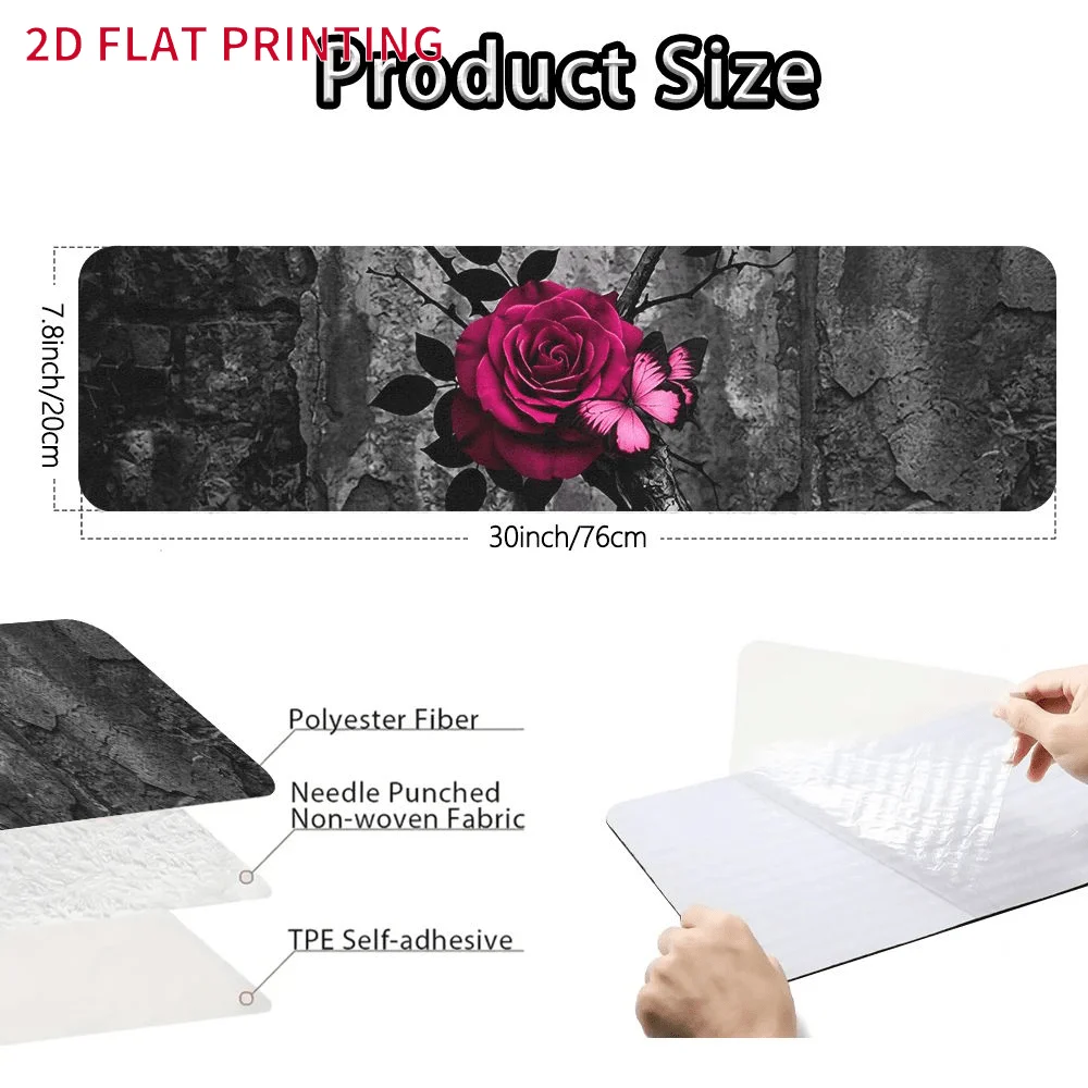 2D FLAT Printing Set of Stair Mats, Red Roses On Black Stone Background Pattern, Easy to Clean Stair Tread Carpets.