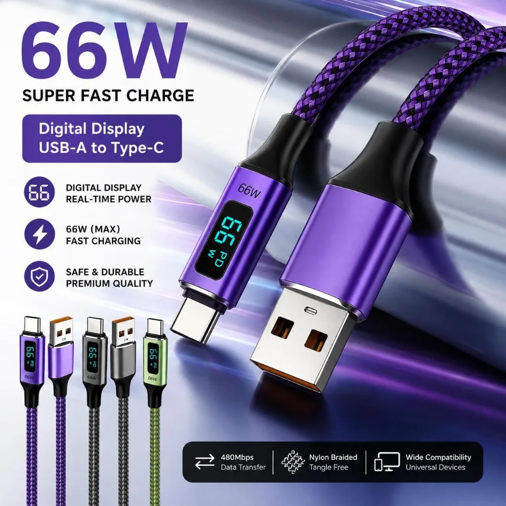 66W USB-A to USB-C Cable Real-Time Display Nylon Braided Braided Charging Line Data Transfer Aluminum Alloy Digital Display Cord